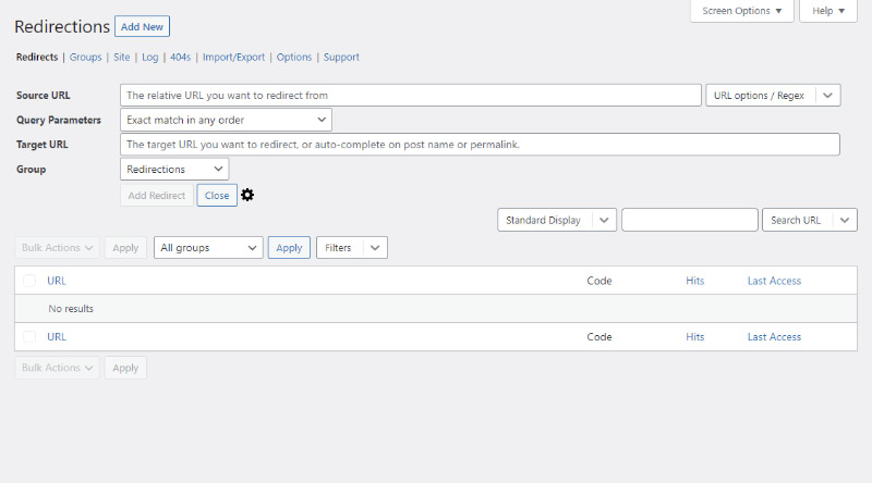 Redirection plugin options