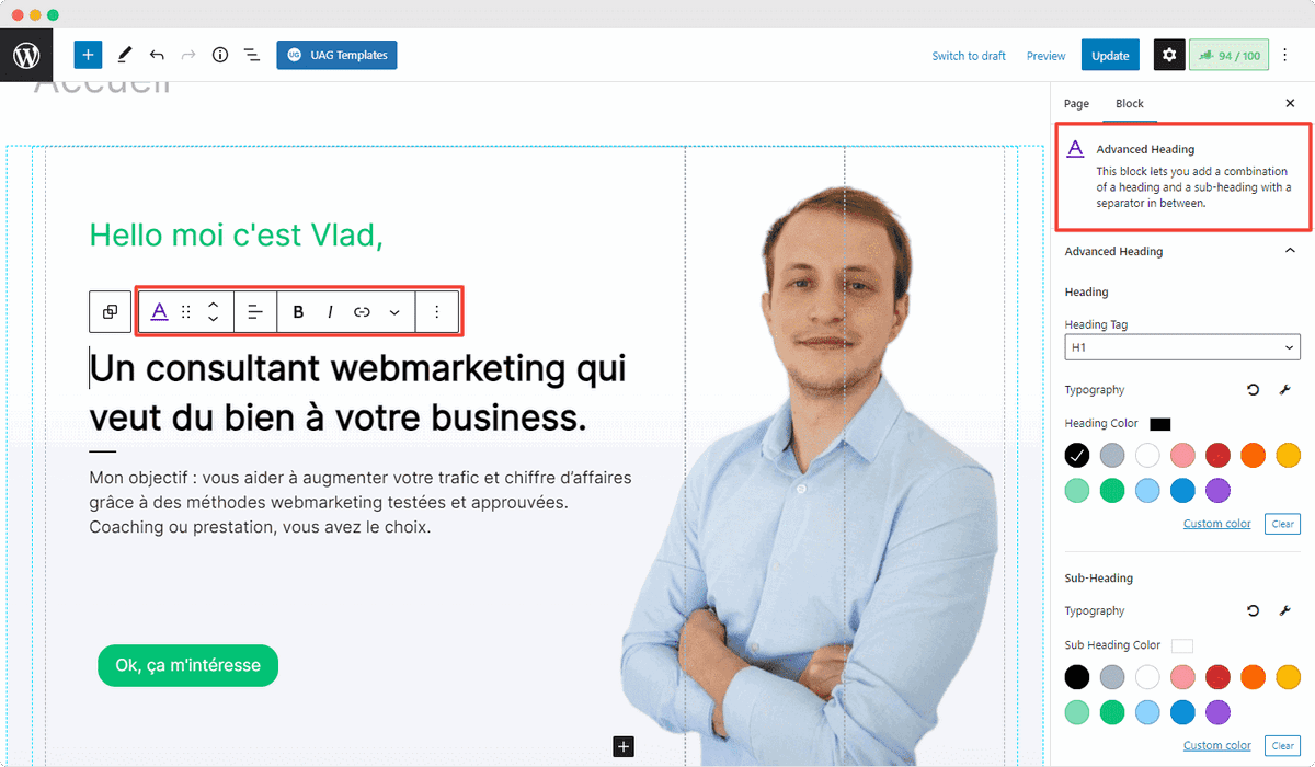 Sito web di Vlad che utilizza l'editor di gutenberg