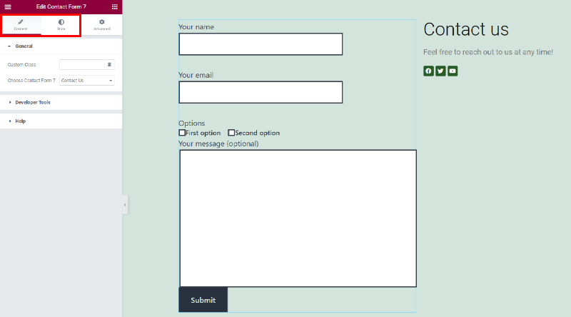 Contact form style settings