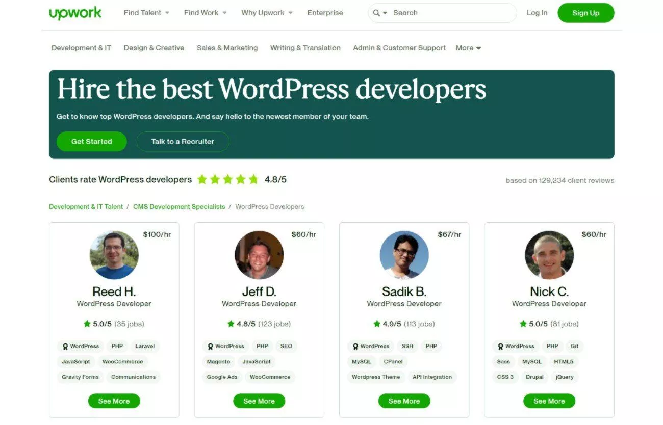 Upwork menawarkan freelancer untuk bantuan pengembangan WordPress