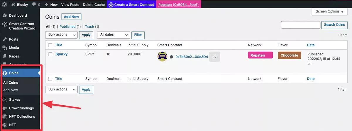 Menu do painel do WP Smart Contracts WordPress