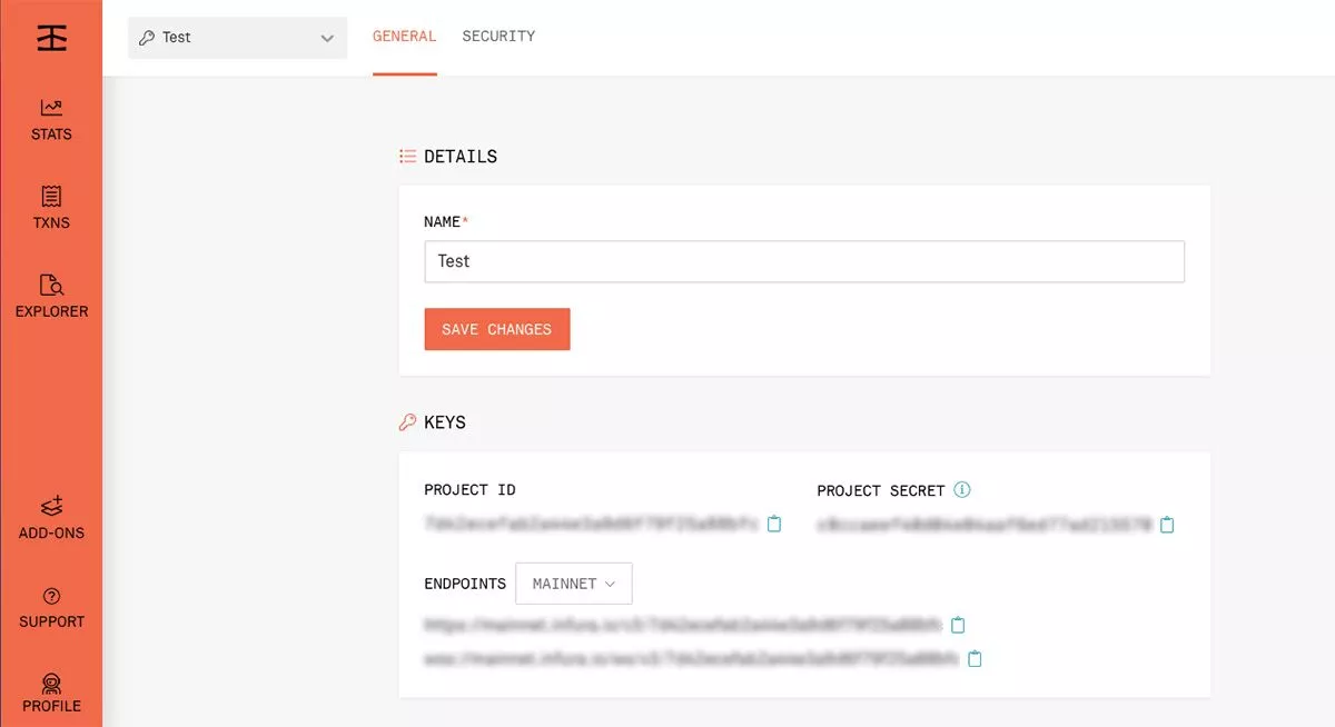 Menu de configurações do projeto Infura