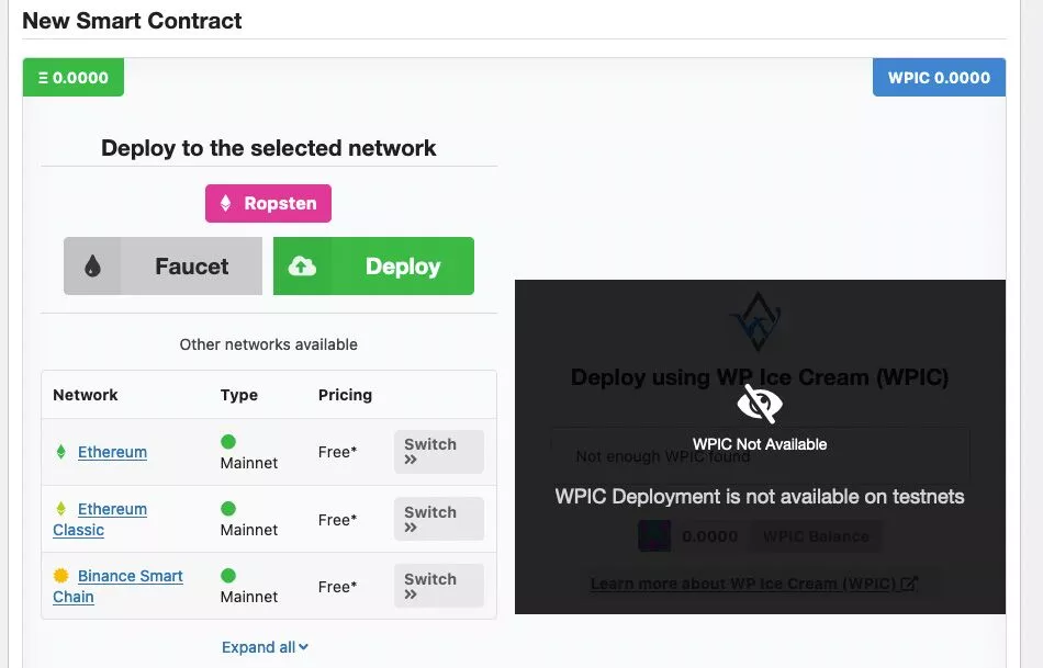 Menu de implantação do WP Smart Contracts