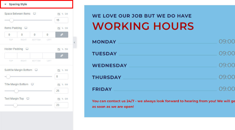 Jak dodać godziny otwarcia w WordPressie – najłatwiejszy sposób 12 Spacing Style tab Opening hours