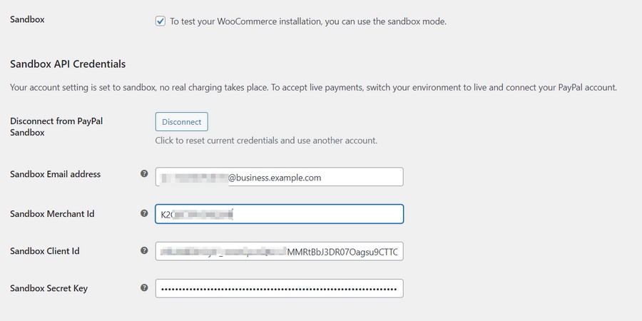 ingrese las credenciales de la cuenta paypal sandbox en woocommerce