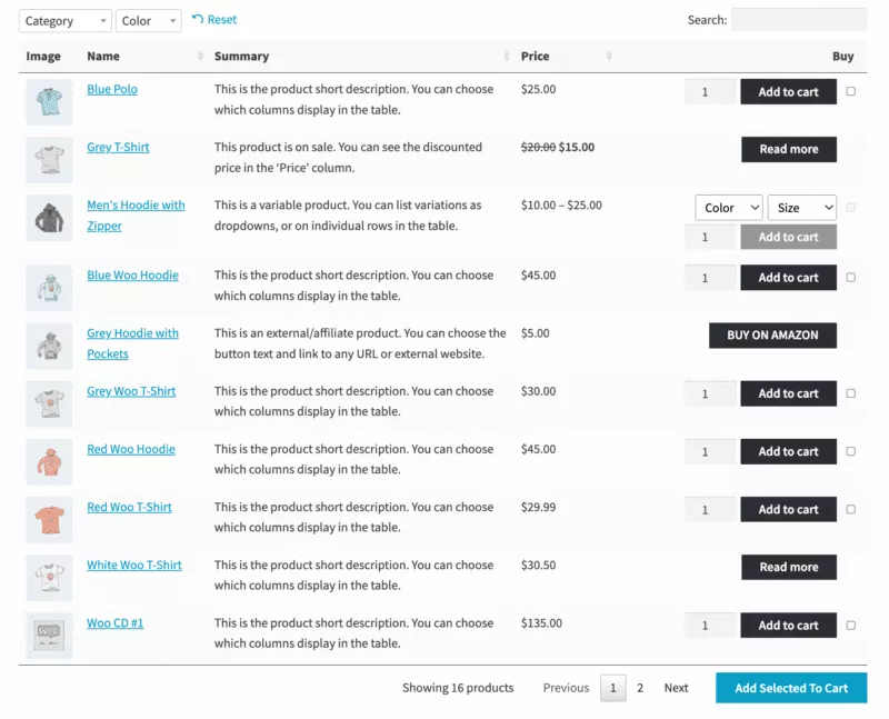 Tabela produktów WooCommerce