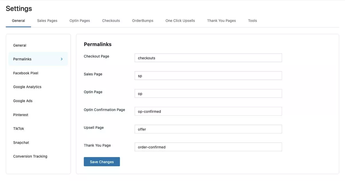Capture d'écran de la page des paramètres de WooFunnels