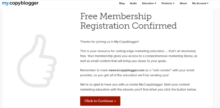 CopyBlogger halaman terima kasih