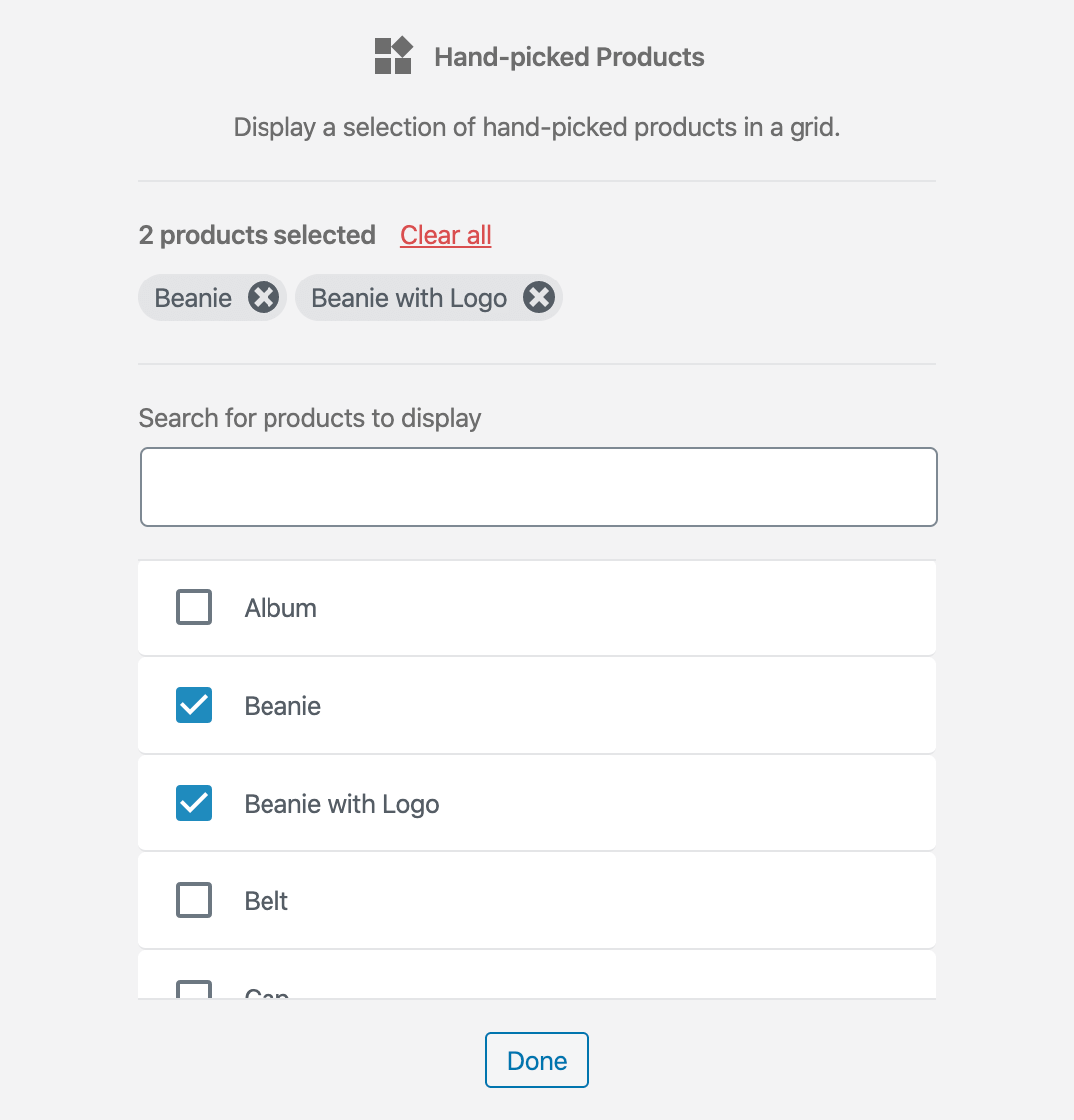 Blok produk yang dipilih sendiri.
