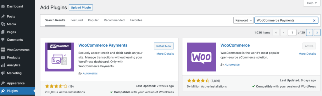 Dodaj stronę wtyczek na WordPress Admin. Wyszukiwanie płatności Woocommerce.