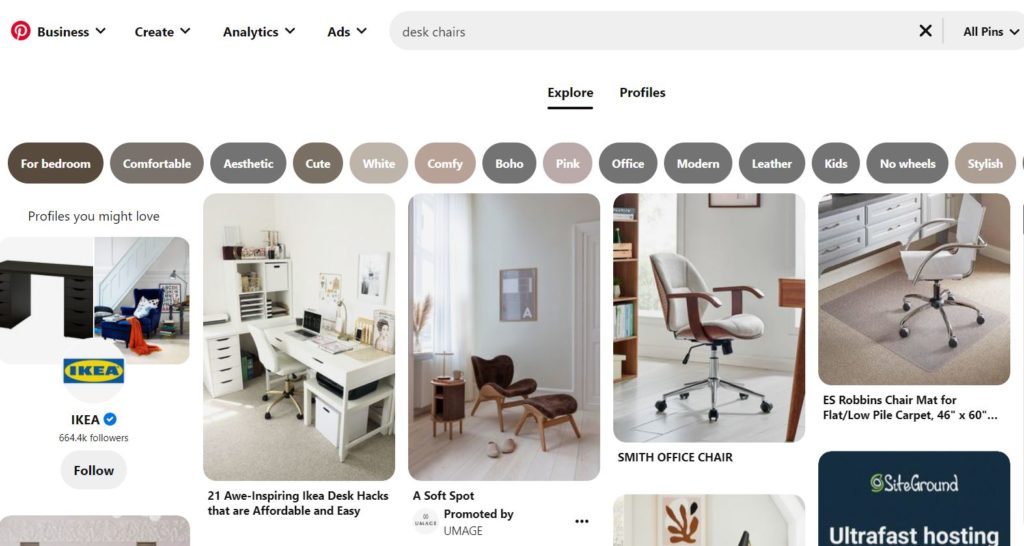 Beispiel für Produktergebnisse in Pinterest