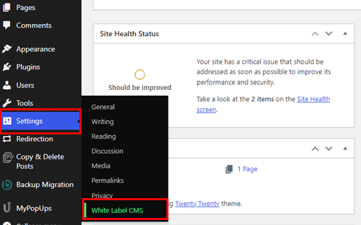 Impostazioni CMS White Label su Come nascondere il nome del tema in WordPress