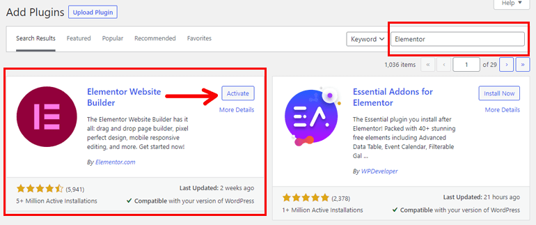 Elementorプラグインをインストールしてアクティブ化する