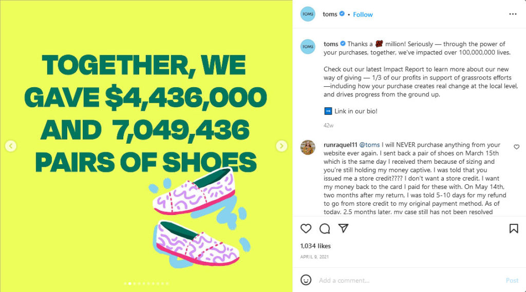 tendenze dei social media 2022 esempio di responsabilità sociale d'impresa scarpe toms