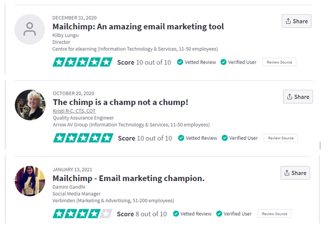 Contatto costante di Trustpilot contro mailchimp