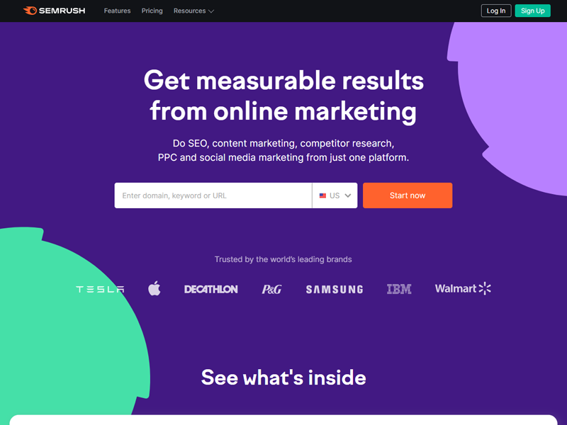 Página de inicio del software Semrush SEO