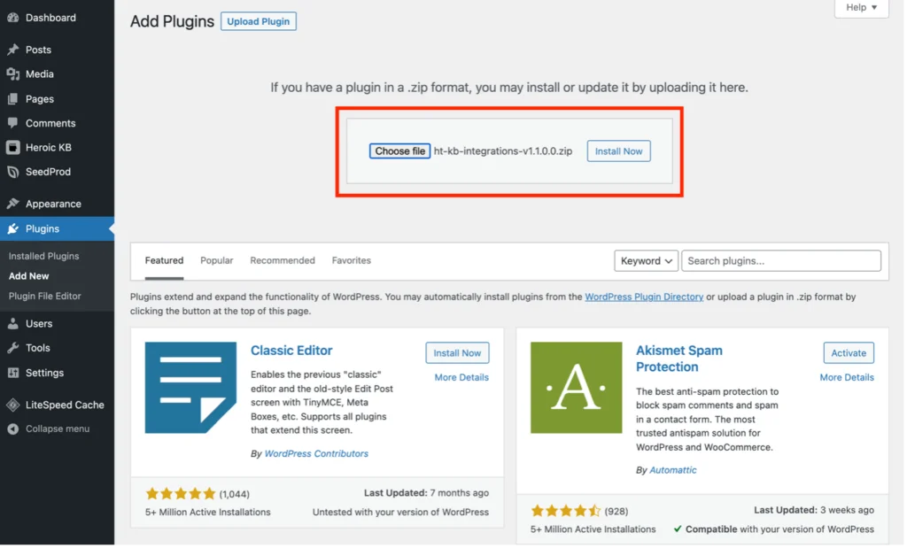 Escolhendo o arquivo de plug-in a ser carregado ao criar um site de base de conhecimento