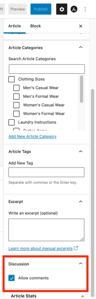 Opção para permitir comentários no editor de artigos