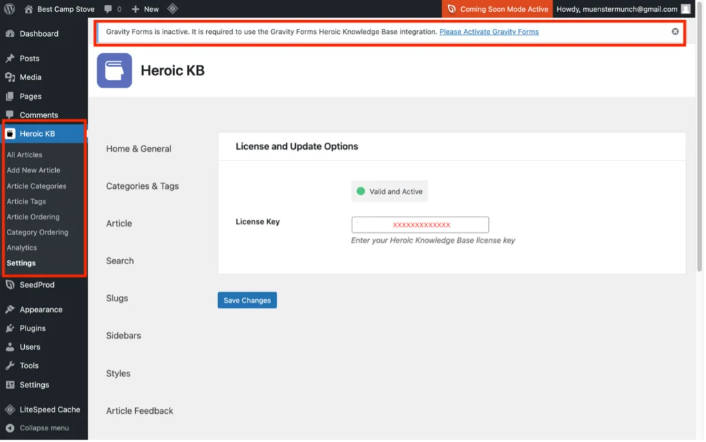 Inserindo a chave de licença e a localização do submenu Heroic KB no WordPress