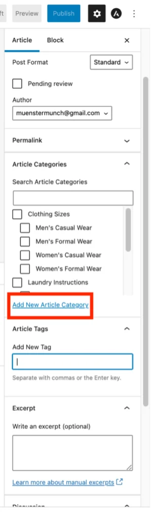 Opção para adicionar uma categoria de artigo no editor de artigos