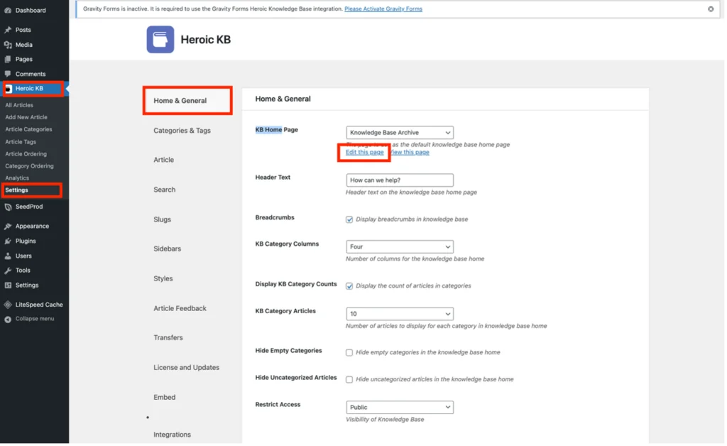 Localização do recurso "Editar esta página" na guia Página inicial e geral do submenu de configurações