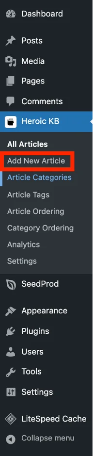 criar site da base de conhecimento Etapa 4 - Localização da opção Adicionar novo artigo no submenu Heroic KB