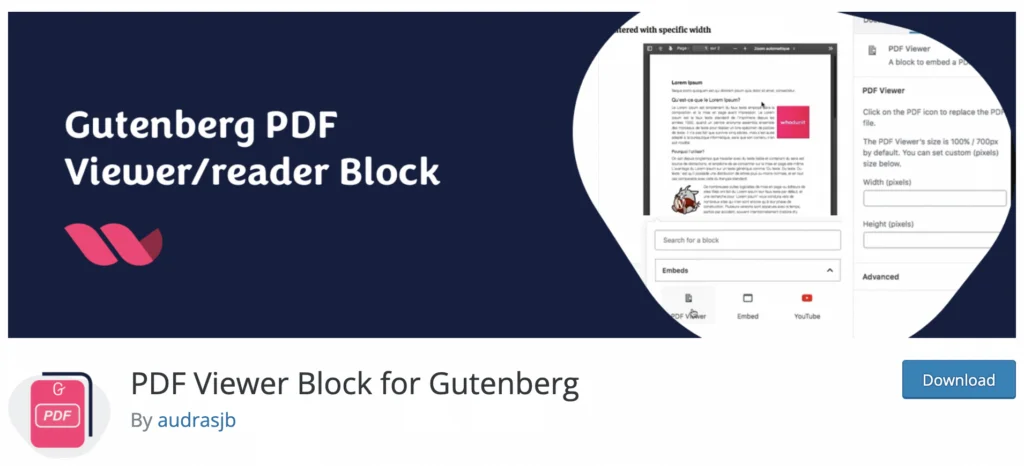 Скриншот блока просмотра PDF для плагина Gutenberg