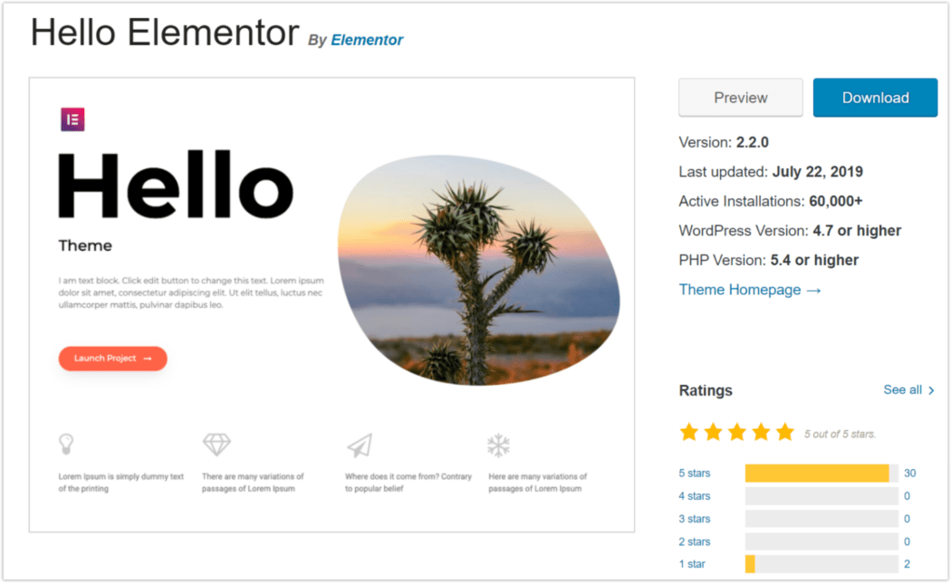 2019년 가장 인기 있는 테마, 가작 – Hello Elementor
