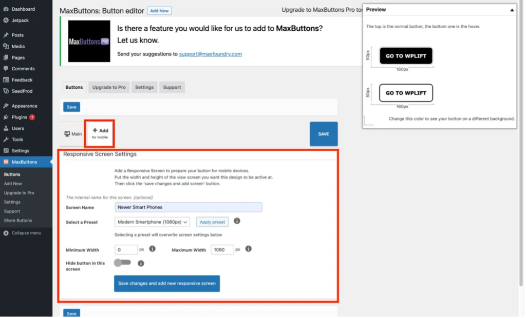 使用 MaxButtons 插件將按鈕插入頁面或發布 - 為移動響應按鈕添加配置文件