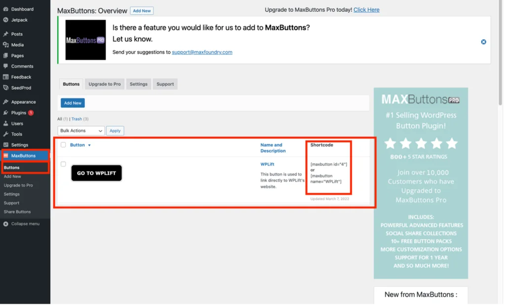 使用 MaxButtons 插件將按鈕插入頁面或發布 - 使用 MaxButtons 儀表板中的按鈕列表