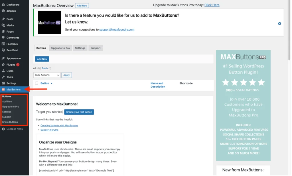使用 MaxButtons 插件將按鈕插入頁面或發布 - WordPress 儀表板中的 MaxButtons 菜單