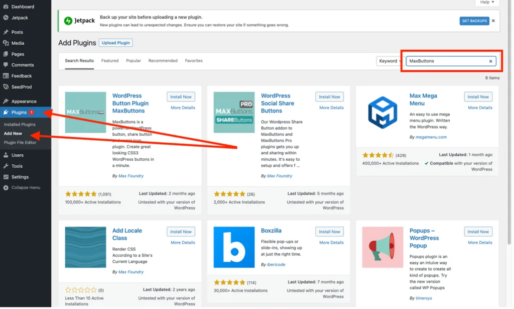 使用 MaxButtons 插件將按鈕插入頁面或發布 - 在 WordPress 管理儀表板中添加新插件