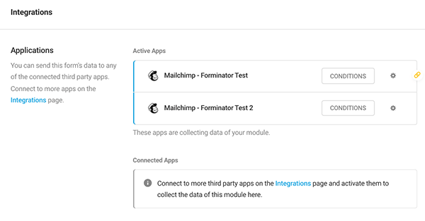 Mailchimp'teki uygulamalar alanı.