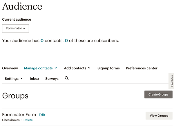 Mailchimp'in gruplar alanı.