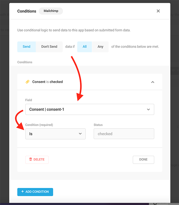 Mailchimp koşullarının ayarlanması.