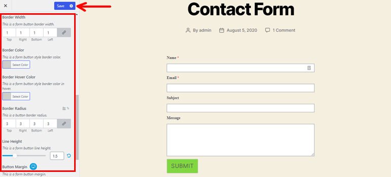 Configurați setarea butonului și salvați Cum să schimbați culoarea butonului de trimitere în formularul WordPress