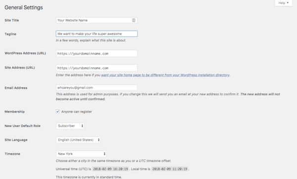 Tela de configurações gerais do WordPress.