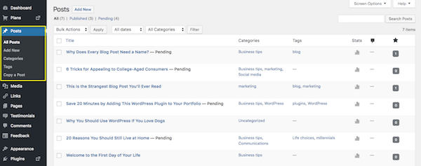 Tela de postagens do WordPress.
