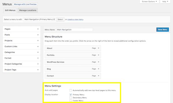 Menus do WordPress - seção Configurações do menu