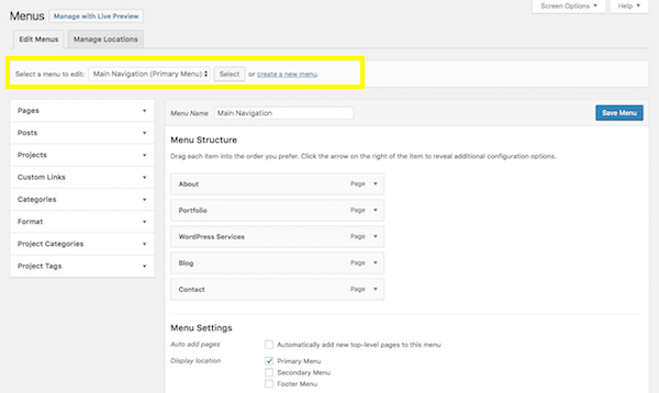 Tela de menus do WordPress.