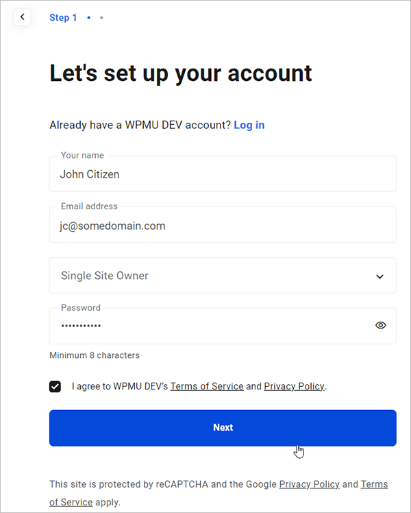 Configuração da conta de hospedagem WPMU DEV