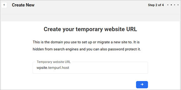 O assistente de criação de site do Hub - crie uma URL de site temporária.