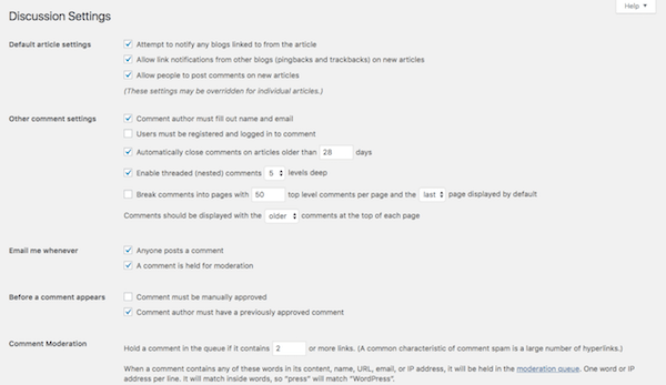 Tela de configurações de discussão do WordPress.