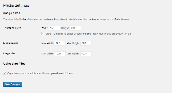 Tela de configurações de mídia do WordPress.