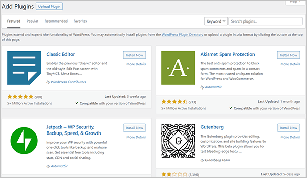 Menu de plugins do WordPress - Adicionar nova tela.