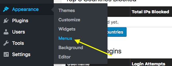 Menu WordPress: Aparência - Menus.