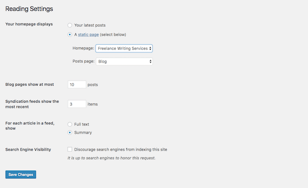 Tela de configurações de leitura do WordPress.