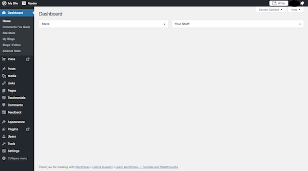 Tela do painel do WordPress.