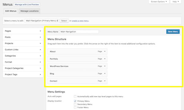 Tela de menu do WordPress - seção Estrutura de menus.