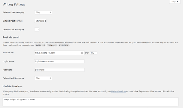 Tela de configurações de escrita do WordPress.